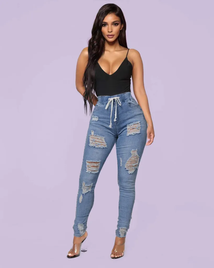 Plus Extreme Distressed Drawstring Waist Jeans