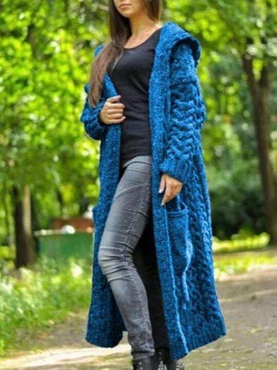 CASUAL KNITTED LONG OUTERWEAR WITH HOOD