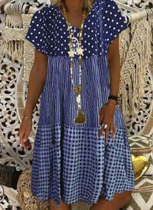 DS11090 Casual Polka Dot Tunic V Neckline A line Dress