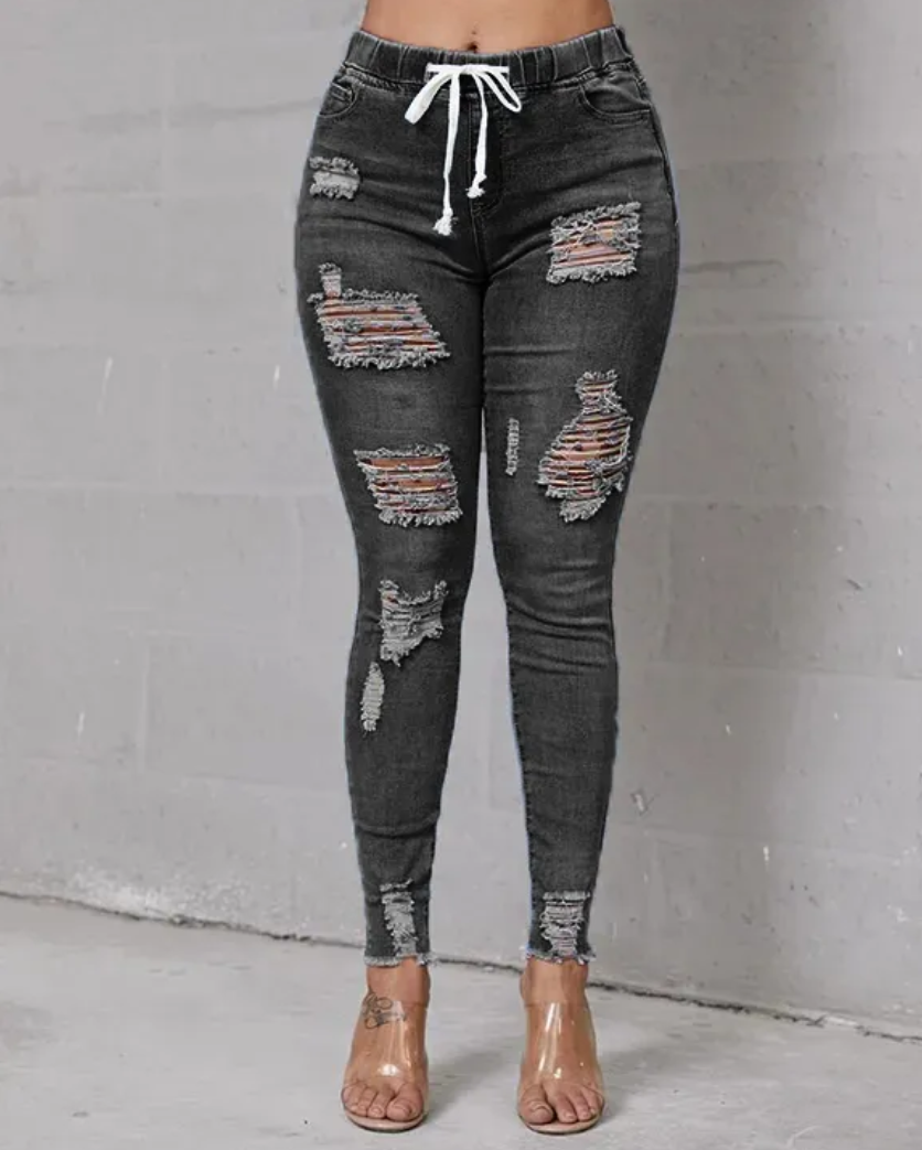 Plus Extreme Distressed Drawstring Waist Jeans