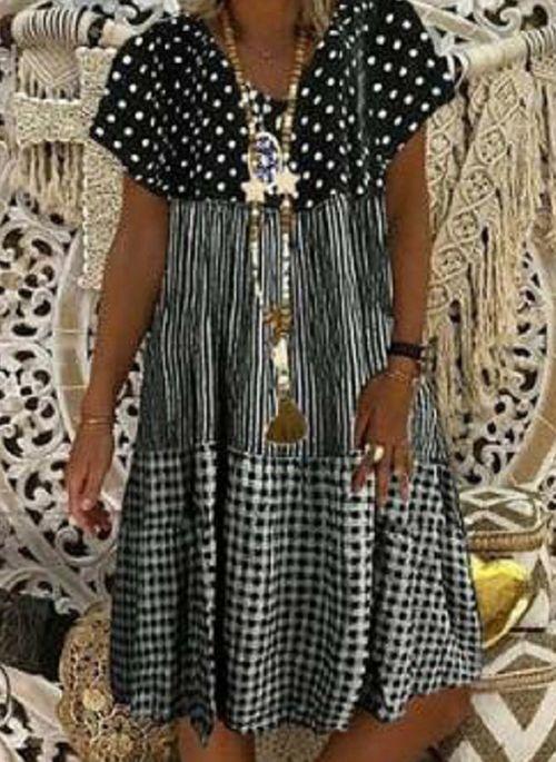 DS11090 Casual Polka Dot Tunic V Neckline A line Dress