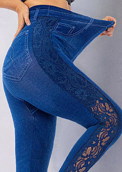 Lace Splicing High Waist Decorative Fake Pocket Leggings Blue