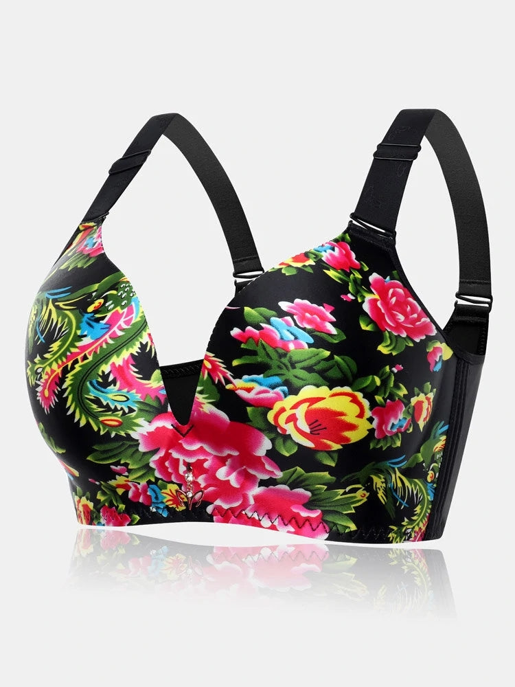 Printed Flower Seamless Thin Wireless Minimizer Bras