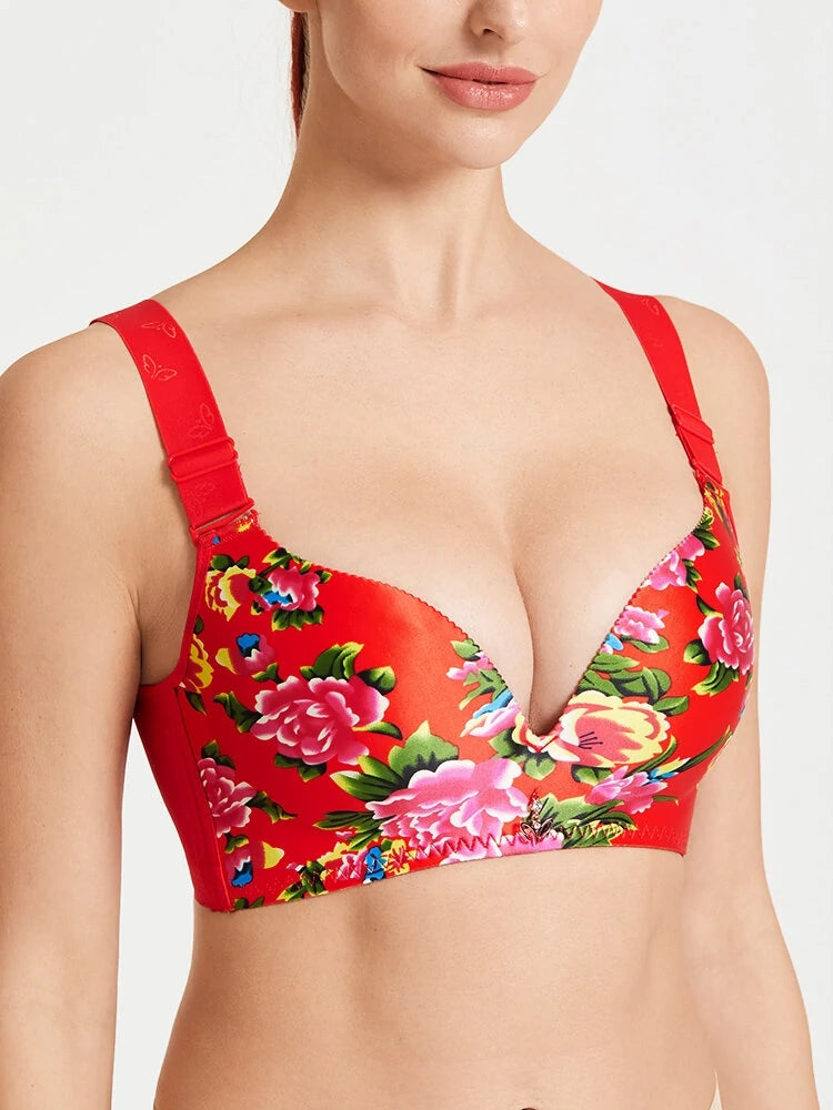 Printed Flower Seamless Thin Wireless Minimizer Bras