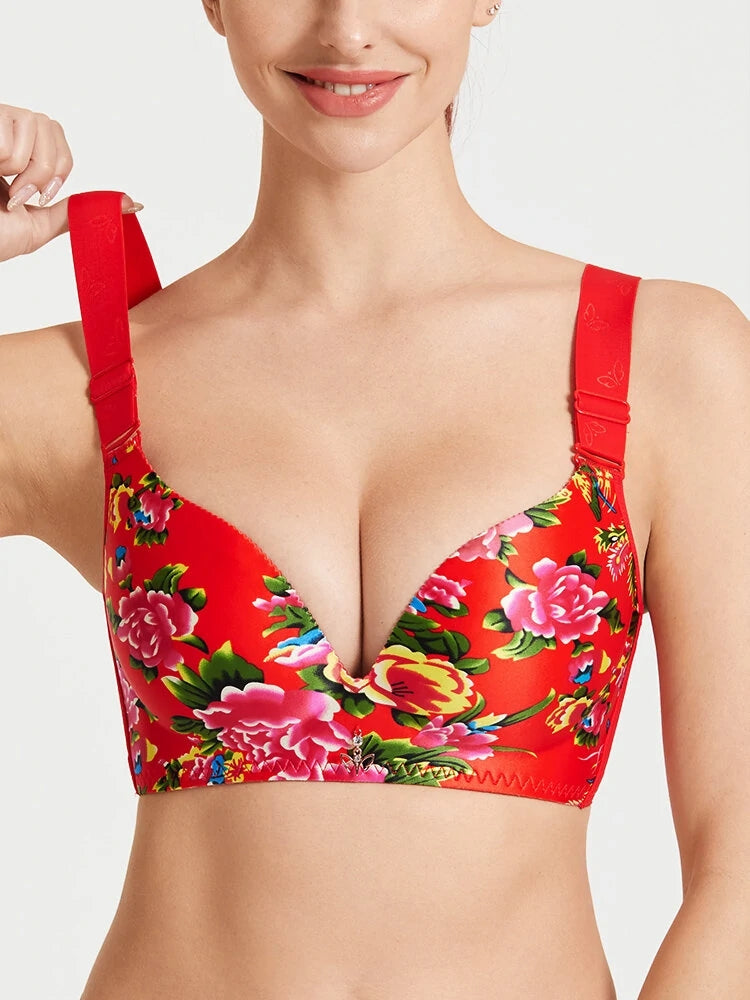 Printed Flower Seamless Thin Wireless Minimizer Bras