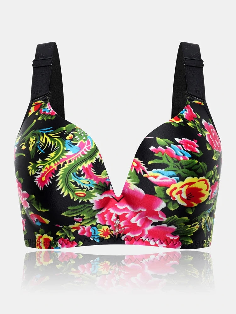 Printed Flower Seamless Thin Wireless Minimizer Bras