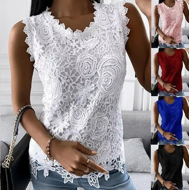 Womens U neck Sleeveless Solid Color Casual Fashion Lace T shirt Top