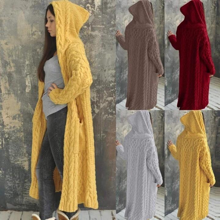 CASUAL KNITTED LONG OUTERWEAR WITH HOOD