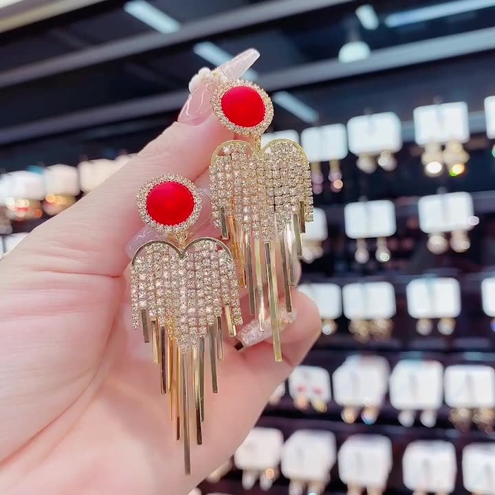 Red Pearl Tassel Drop Earrings