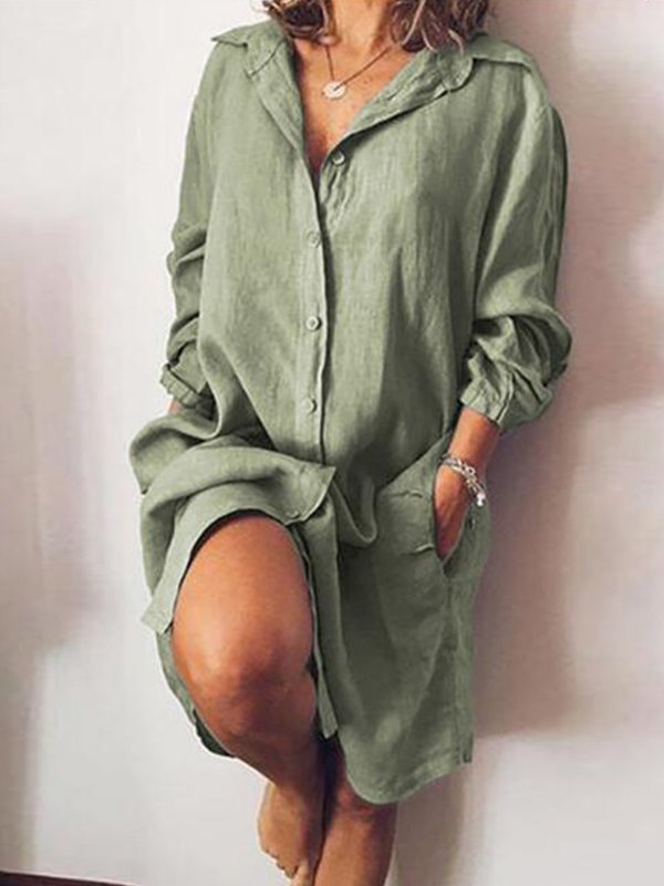 Womens Casual Pure Color Cotton Shirt Dress