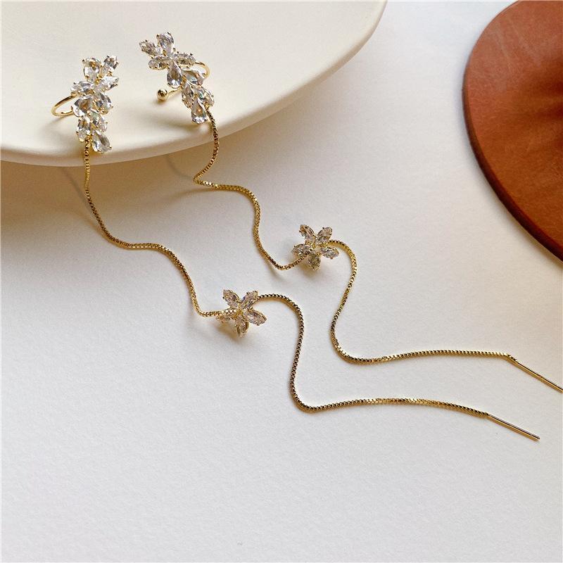 Flower Tassel Bone Clamp Earrings Set