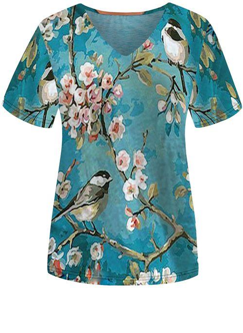 TP10258 Floral V Neckline Short Sleeve Casual T shirts