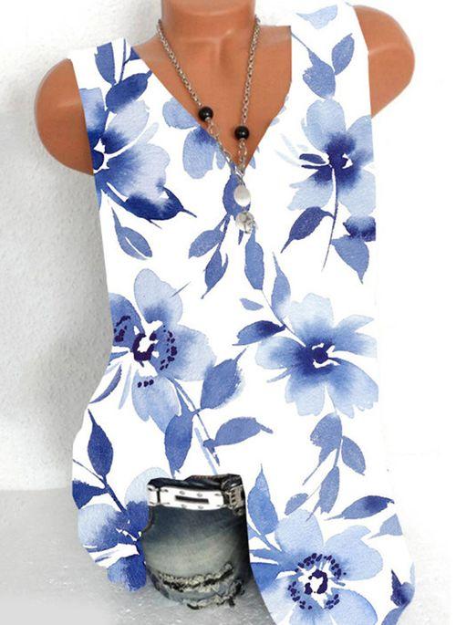 TK10116 Floral Casual V Neckline Sleeveless Blouses