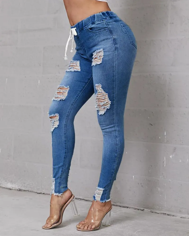 Plus Extreme Distressed Drawstring Waist Jeans