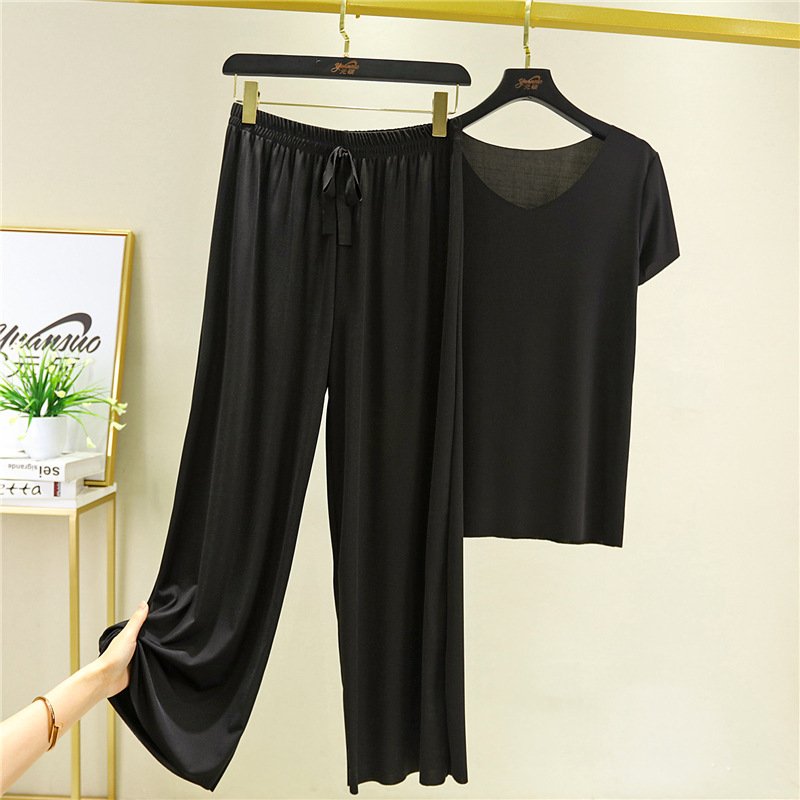 Soft comfortable Ice Silk Short Sleeve T Shirt Two Piece Set loose wide leg pants