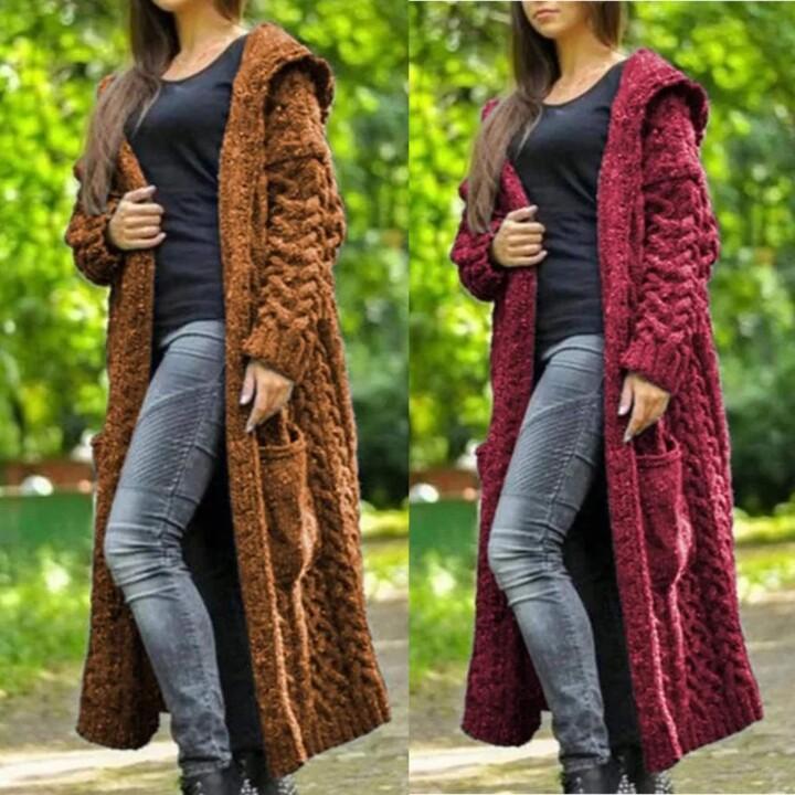 CASUAL KNITTED LONG OUTERWEAR WITH HOOD