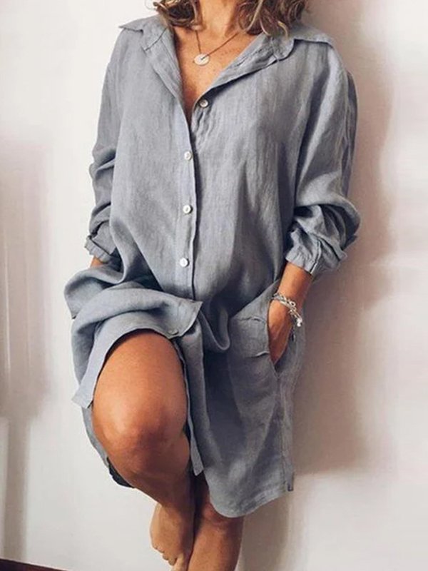 Womens Casual Pure Color Cotton Shirt Dress