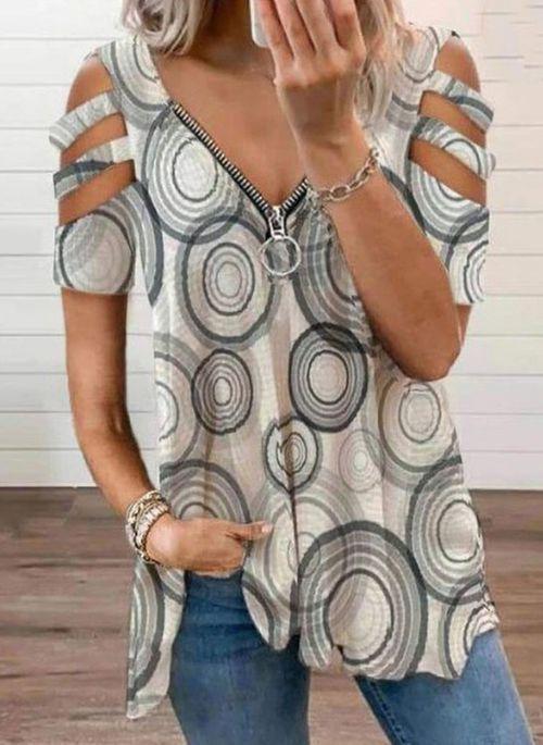 BL10366 Color Block Casual V Neckline Short Sleeve Blouses