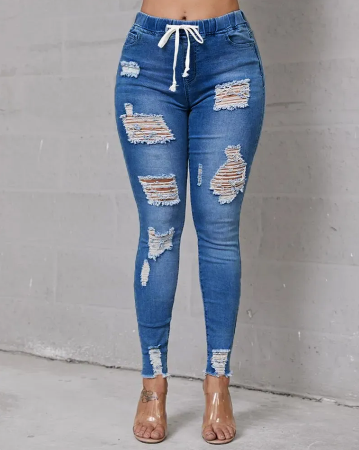 Plus Extreme Distressed Drawstring Waist Jeans