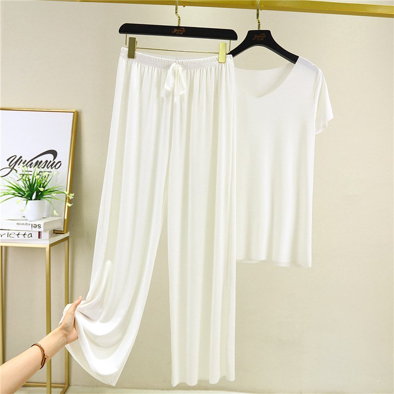 Soft comfortable Ice Silk Short Sleeve T Shirt Two Piece Set loose wide leg pants