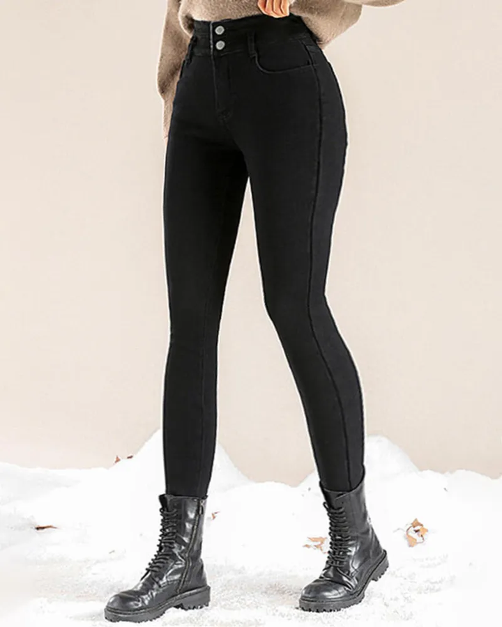 Patched Thermal Lined Button Front Zip Fly Skinny Jeans