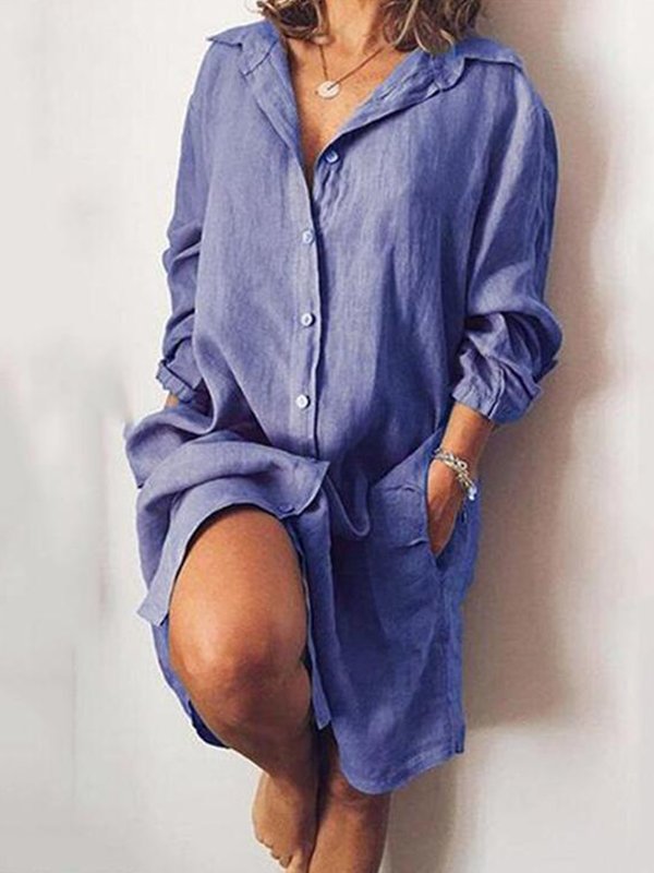 Womens Casual Pure Color Cotton Shirt Dress