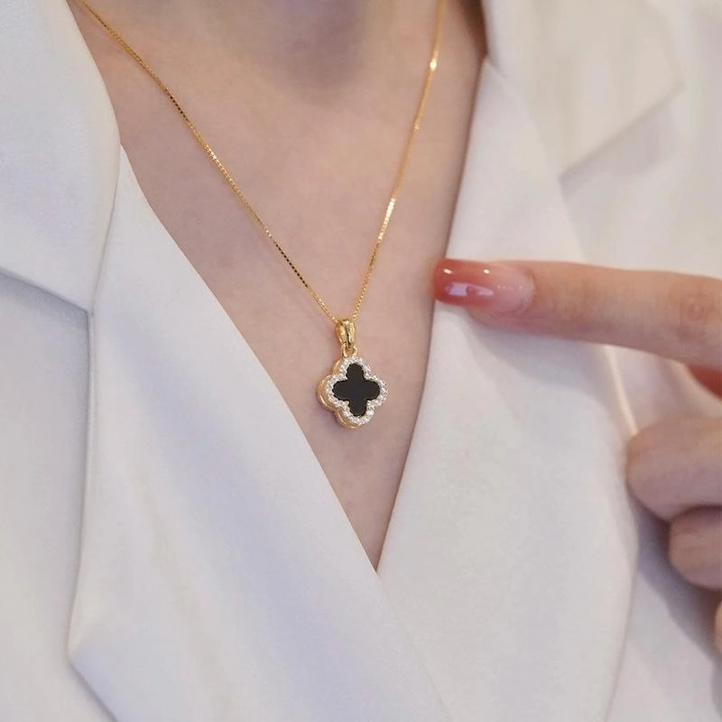 Double sided Four leaf Clover Black And White Necklace