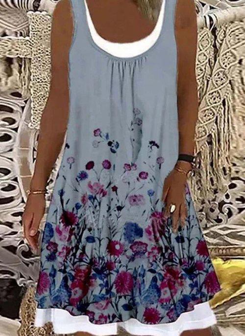 DS11071 Casual Floral Tunic Round Neckline A line Dress