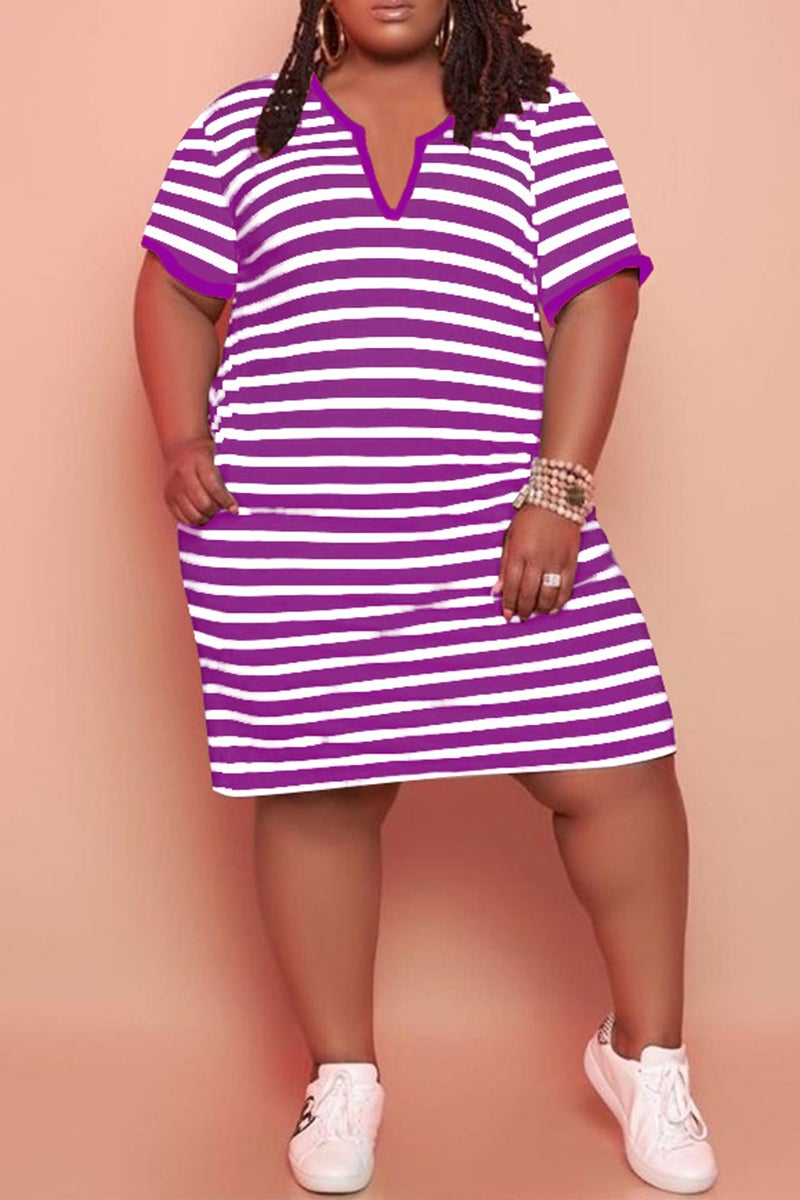 V Neck Striped Plus Size Casual Mini Dress