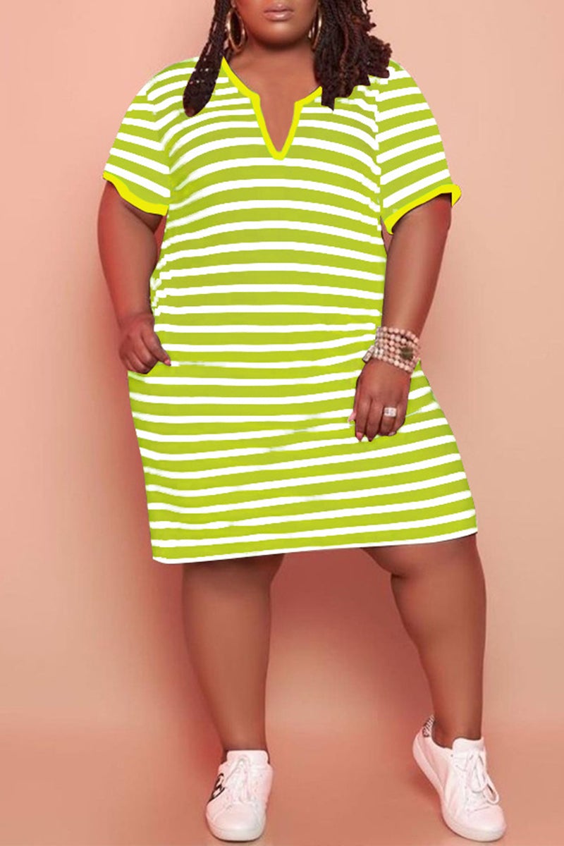 V Neck Striped Plus Size Casual Mini Dress