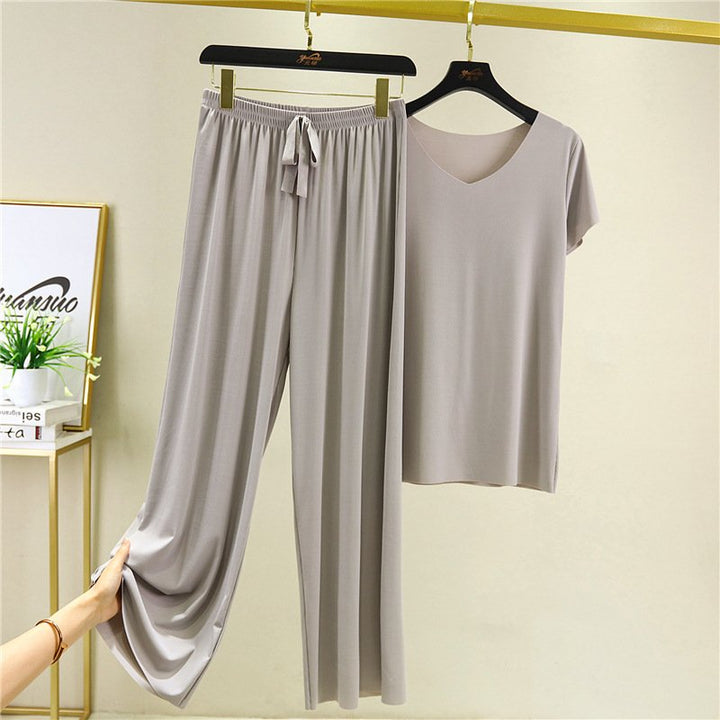 Soft comfortable Ice Silk Short Sleeve T Shirt Two Piece Set loose wide leg pants