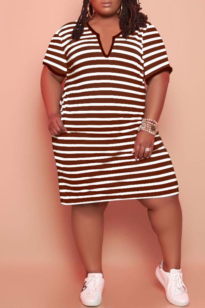 V Neck Striped Plus Size Casual Mini Dress