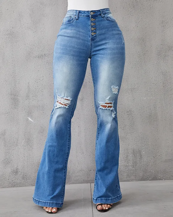 90s Vintage Button Fly Knee Distressed Flare Leg Jeans