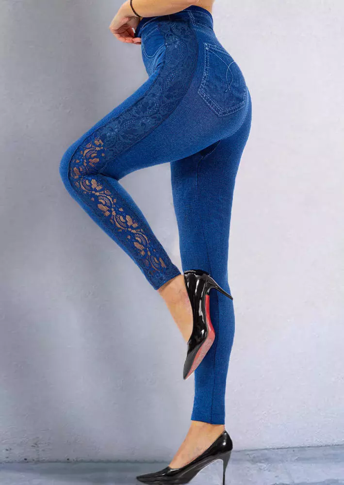 Lace Splicing High Waist Decorative Fake Pocket Leggings Blue