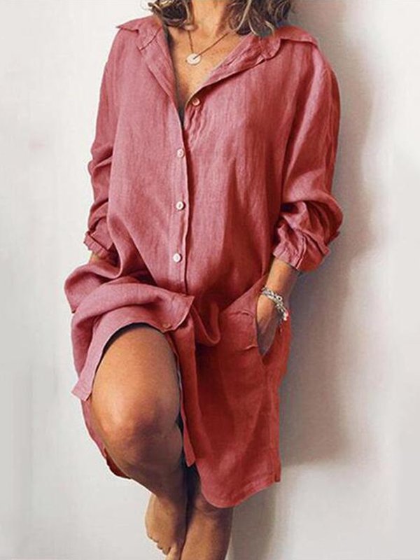 Womens Casual Pure Color Cotton Shirt Dress