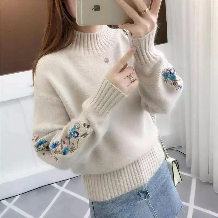 Solid Round Neck Fluffy Cashmere Knitting Sweater