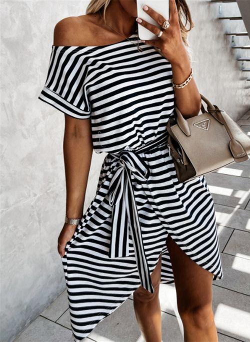 DS10430 Casual Stripe Skater Round Neckline X line Dress