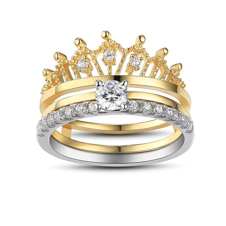 Two Tone Crown Round Cut Sterling Silver Ring set