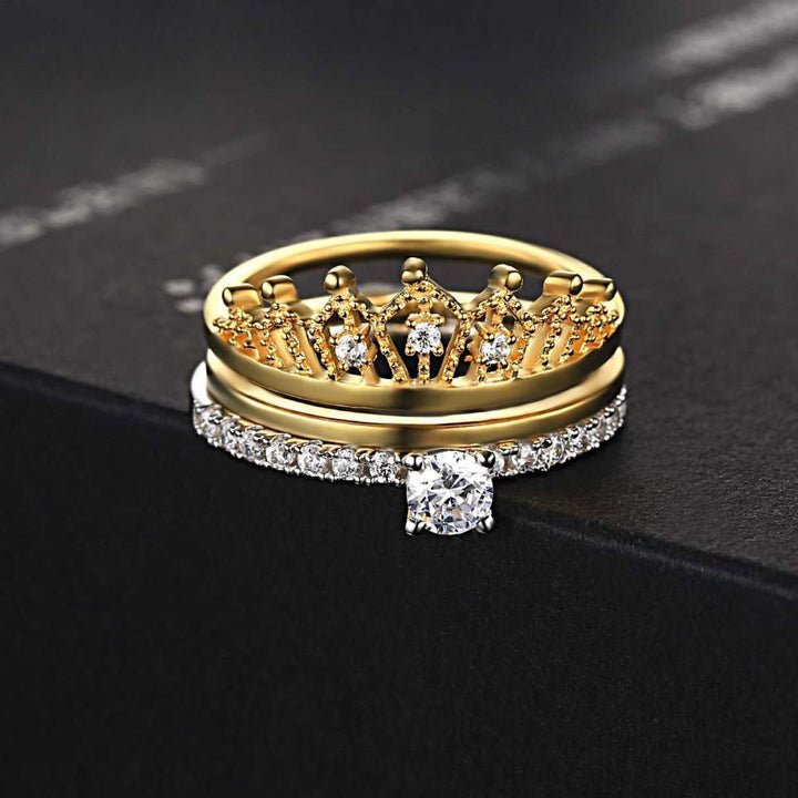 Two Tone Crown Round Cut Sterling Silver Ring set