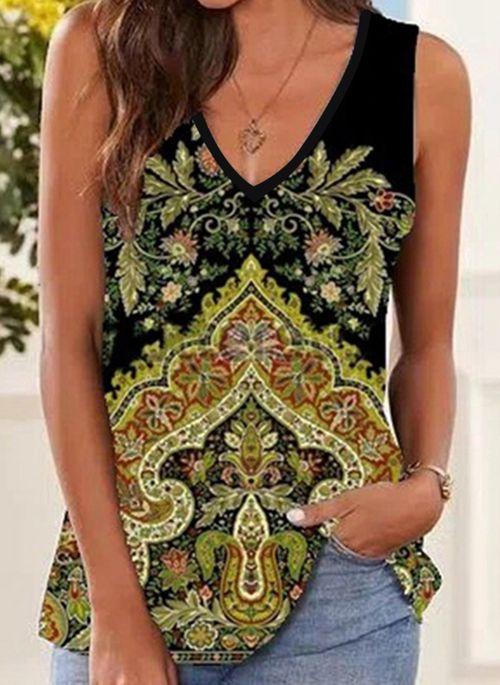 TK10108 Floral Casual V Neckline Sleeveless Blouses
