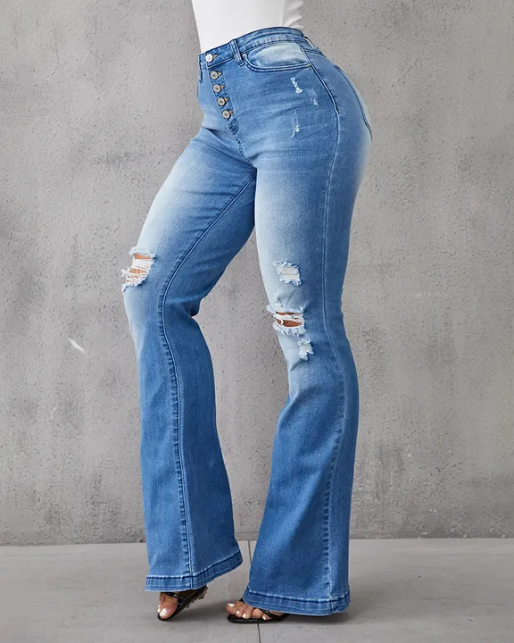 90s Vintage Button Fly Knee Distressed Flare Leg Jeans