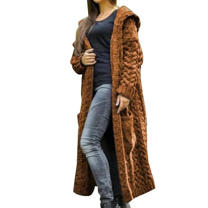 CASUAL KNITTED LONG OUTERWEAR WITH HOOD