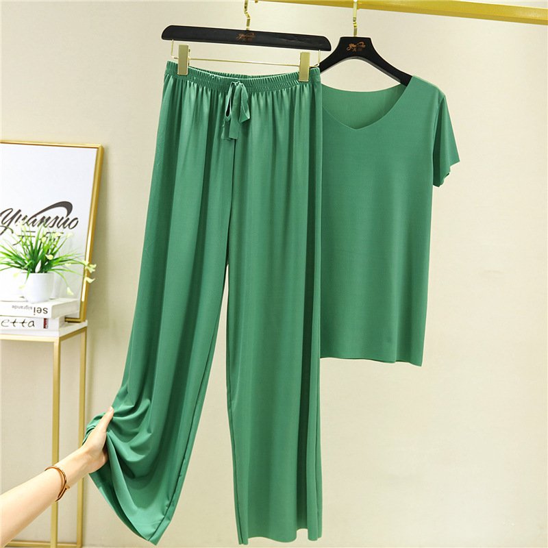 Soft comfortable Ice Silk Short Sleeve T Shirt Two Piece Set loose wide leg pants