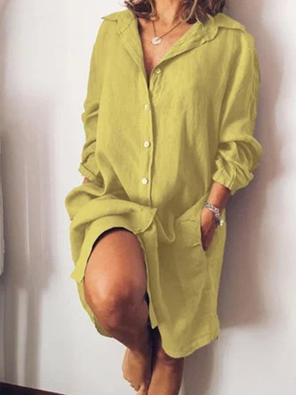 Womens Casual Pure Color Cotton Shirt Dress