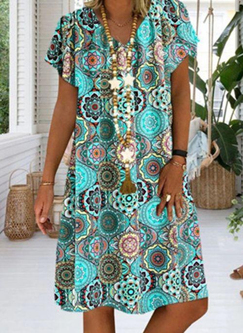 DS11055 Casual Floral Tunic V Neckline A line Dress