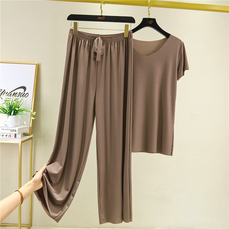 Soft comfortable Ice Silk Short Sleeve T Shirt Two Piece Set loose wide leg pants