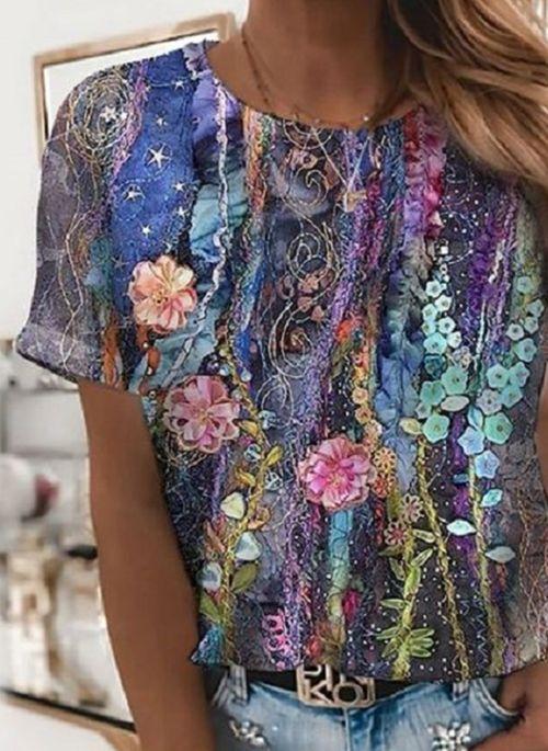 TP10289 Floral Round Neck Short Sleeve Casual T shirts