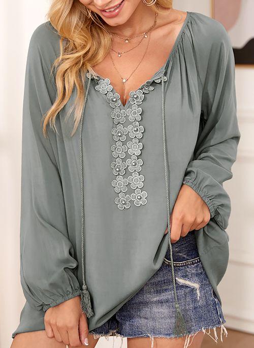 BL10384 Solid V Neckline Long Sleeve Blouses