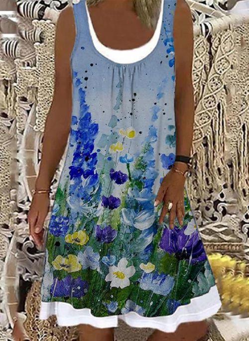 DS10441 Casual Floral Tunic Round Neckline A line Dress