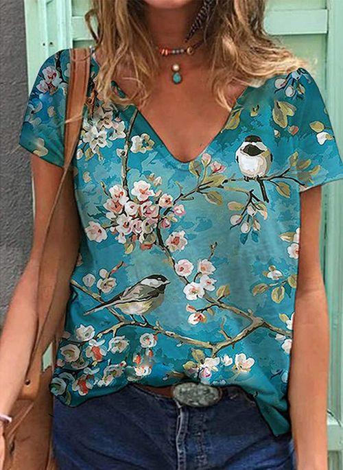 TP10258 Floral V Neckline Short Sleeve Casual T shirts